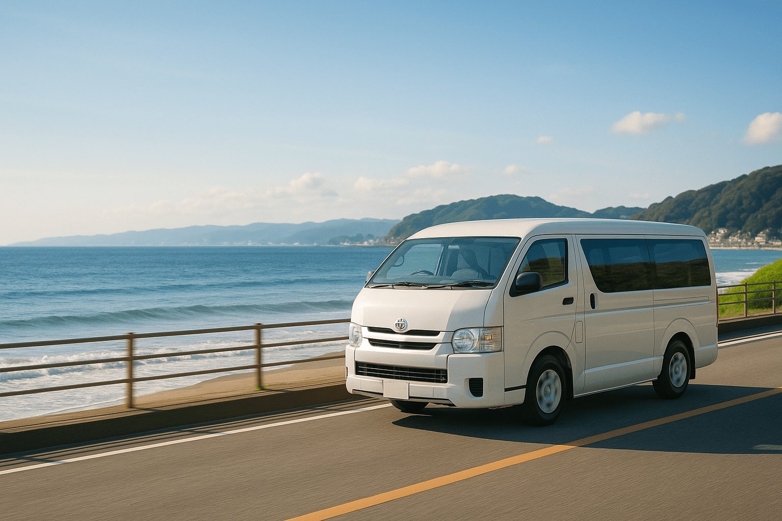 ハイエースが海沿いを走る画像
